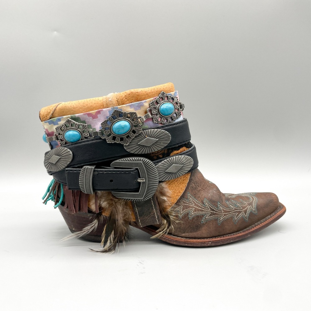 Justin Womens 7.5 B Upcycled Western Boho Boots Turquoise Concho Fringe Cowgirl